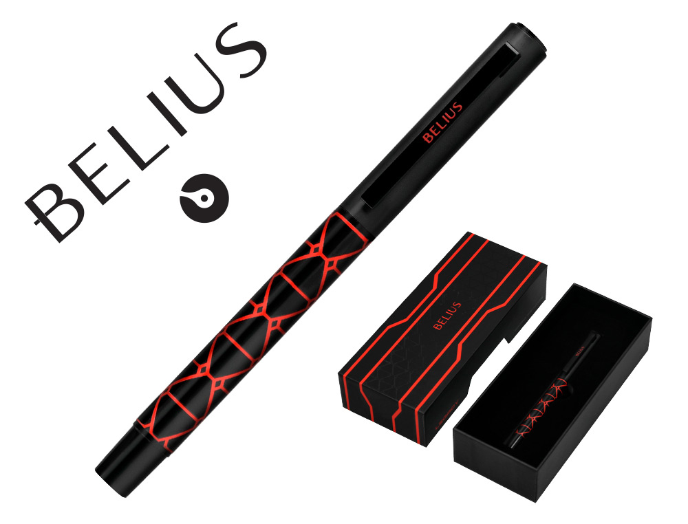 BOLIGRAFO BELIUS LEGACY ALUMINIO DISEO TRIANGULO ROJO CUERPO NEGRO TINTA COLOR AZUL CAJA DE DISEO