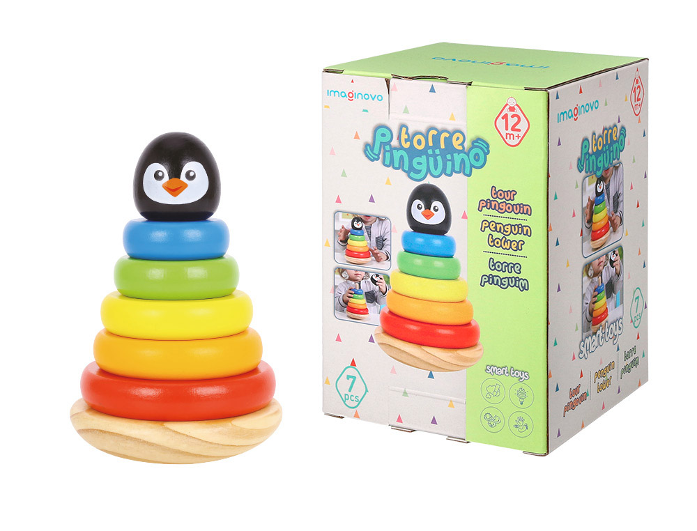 JUEGO INFANTIL IMAGINOVO MADERA FORMA DE PINGUINO TORRE DE FORMAS APILABLES +12 MESES 7 PIEZAS 18X12X12CM