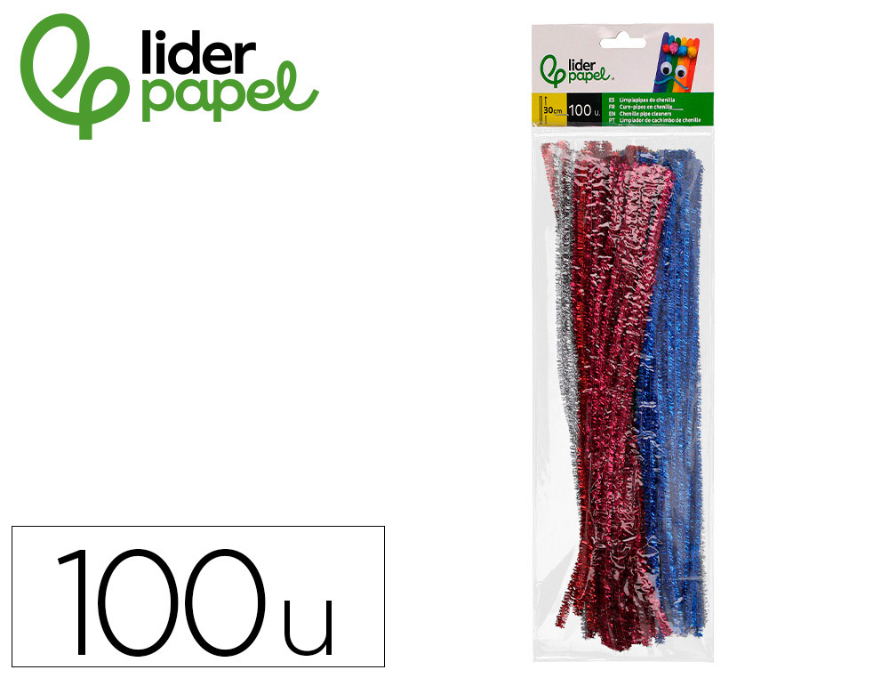 LIMPIAPIPAS DE CHENILLA LIDERPAPEL 30 CM COLORES BRILLANTES SURTIDOS BOLSA DE 100 UNIDADES