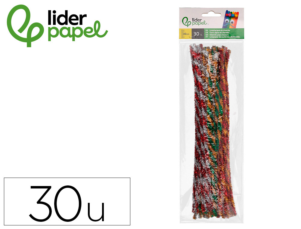 LIMPIAPIPAS DE CHENILLA LIDERPAPEL 30 CM DOS COLORES BRILLANTES SURTIDOS BOLSA DE 30 UNIDADES