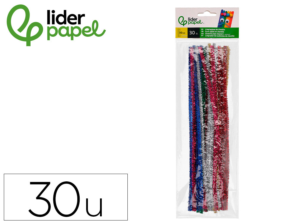 LIMPIAPIPAS DE CHENILLA LIDERPAPEL 30 CM COLORES BRILLANTES SURTIDOS BOLSA DE 30 UNIDADES