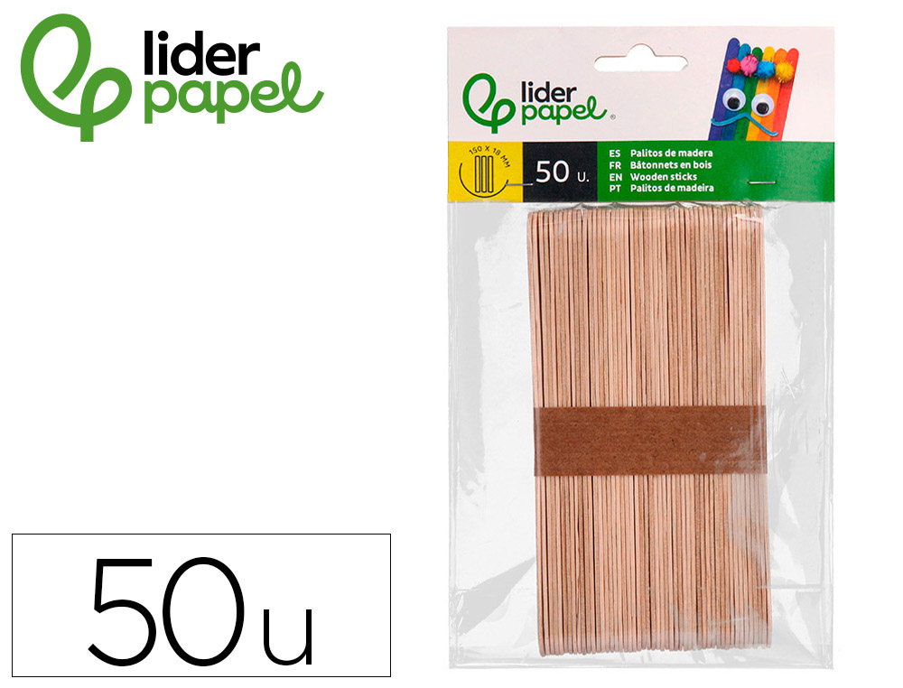 PALITOS DE MADERA LIDERPAPEL COLOR NATURAL 15 X 1,8 CM BOLSA CON 50 UNIDADES