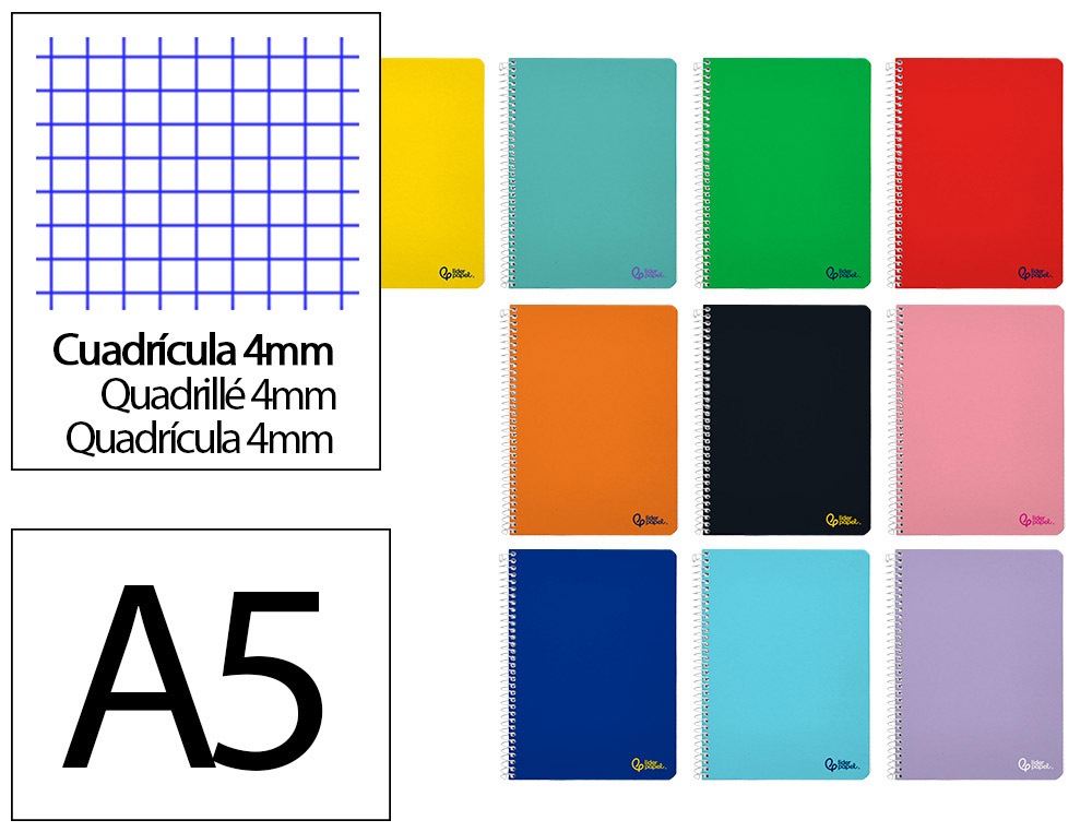 CUADERNO ESPIRAL LIDERPAPEL A5 SMART TAPA BLANDA 80H 75GR CUADRO 4MM CON MARGEN COLORES SURTIDOS