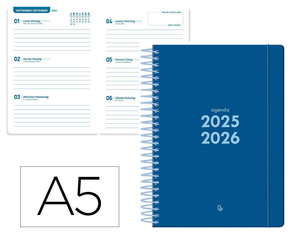 AGENDA ESCOLAR LIDERPAPEL 25- 26 ESPIRAL BASIC AZUL OSCURO SEMANA VISTA A5 BILINGE PAPEL FSC 70 GR