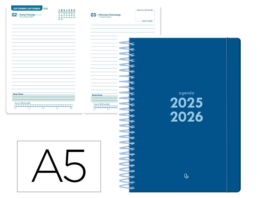 AGENDA ESCOLAR LIDERPAPEL 25-26 ESPIRAL BASIC AZUL OSCURO DIA PAGINA A5 BILINGE PAPEL FSC 70 GR