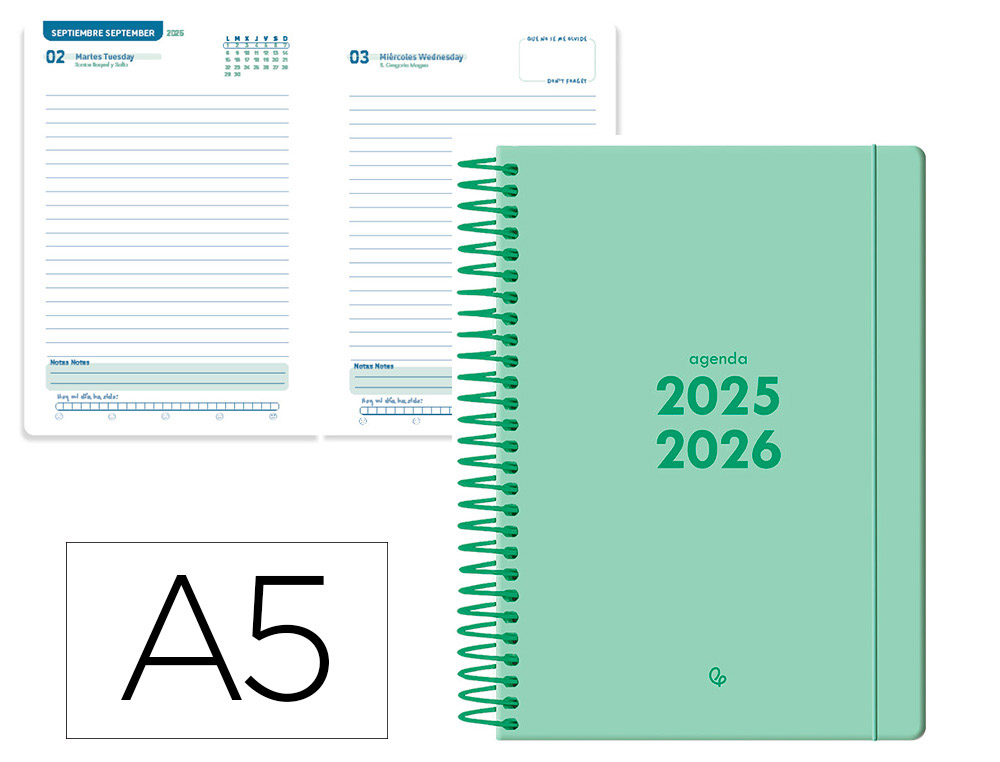 AGENDA ESCOLAR LIDERPAPEL 25-26 ESPIRAL BASIC VERDE MENTA DIA PAGINA A5 BILINGE PAPEL FSC 70 GR