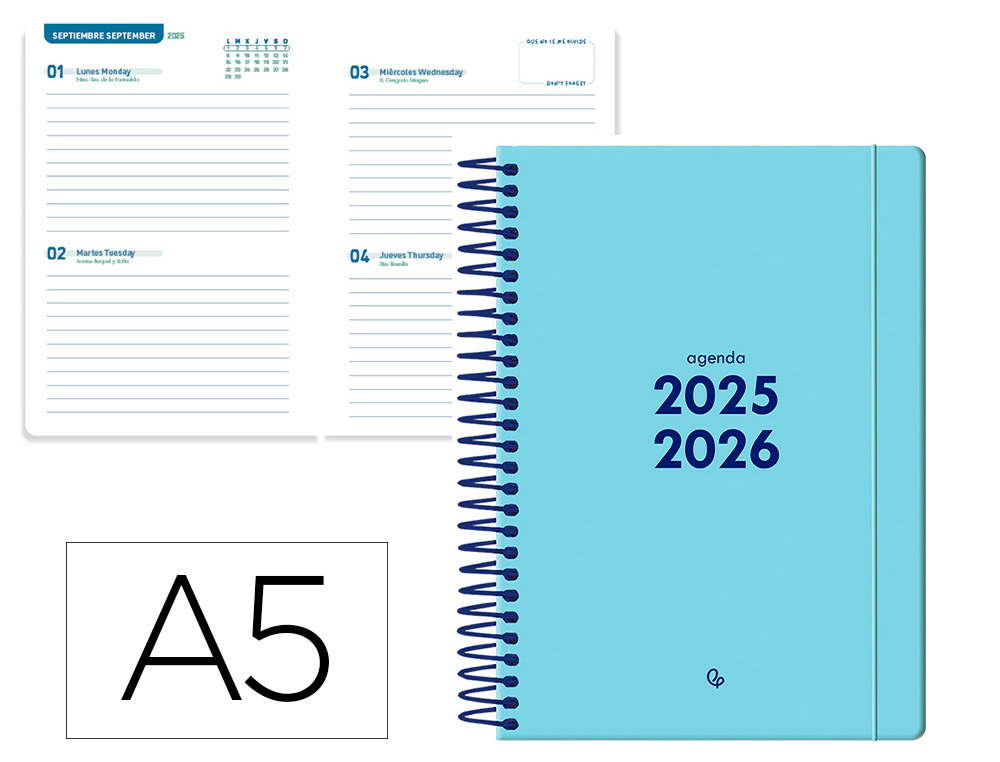 AGENDA ESCOLAR LIDERPAPEL 25-26 ESPIRAL BASIC AZUL 2 DIAS PAGINA A5 BILINGE PAPEL FSC 70 GR