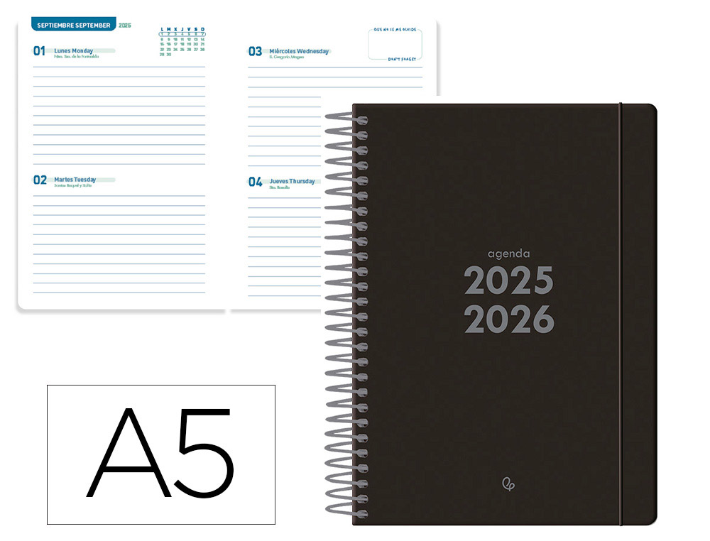 AGENDA ESCOLAR LIDERPAPEL 25-26 ESPIRAL BASIC NEGRO 2 DIAS PAGINA A5 BILINGE PAPEL FSC 70 GR