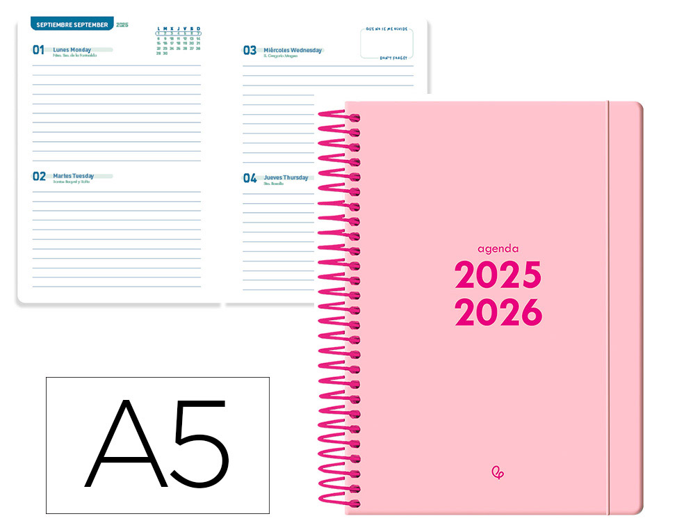 AGENDA ESCOLAR LIDERPAPEL 25-26 ESPIRAL BASIC ROSA 2 DIAS PAGINA A5 BILINGE PAPEL FSC 70 GR