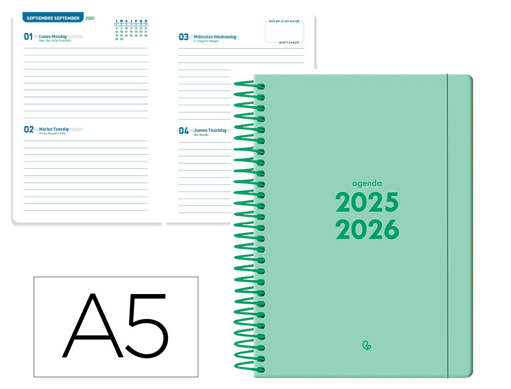 AGENDA ESCOLAR LIDERPAPEL 25-26 ESPIRAL BASIC VERDE MENTA 2 DIAS PAGINA A5 BILINGE PAPEL FSC 70 GR