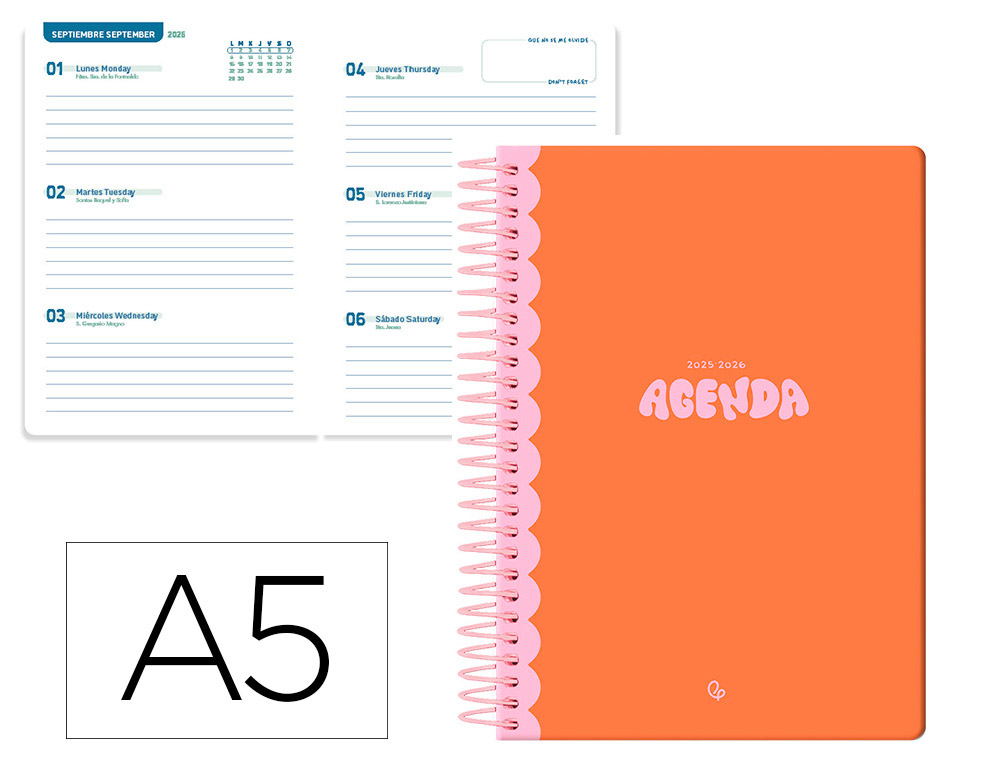 AGENDA ESCOLAR LIDERPAPEL 25-26 ESPIRAL CLASSIC NARANJA SEMANA VISTA A5 BILINGE PAPEL FSC 70 GR