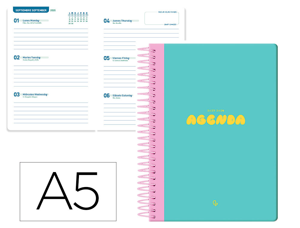 AGENDA ESCOLAR LIDERPAPEL 25-2 6 ESPIRAL CLASSIC AZUL TURQUESA SEMANA VISTA A5 BILINGE PAPEL FSC 70 GR