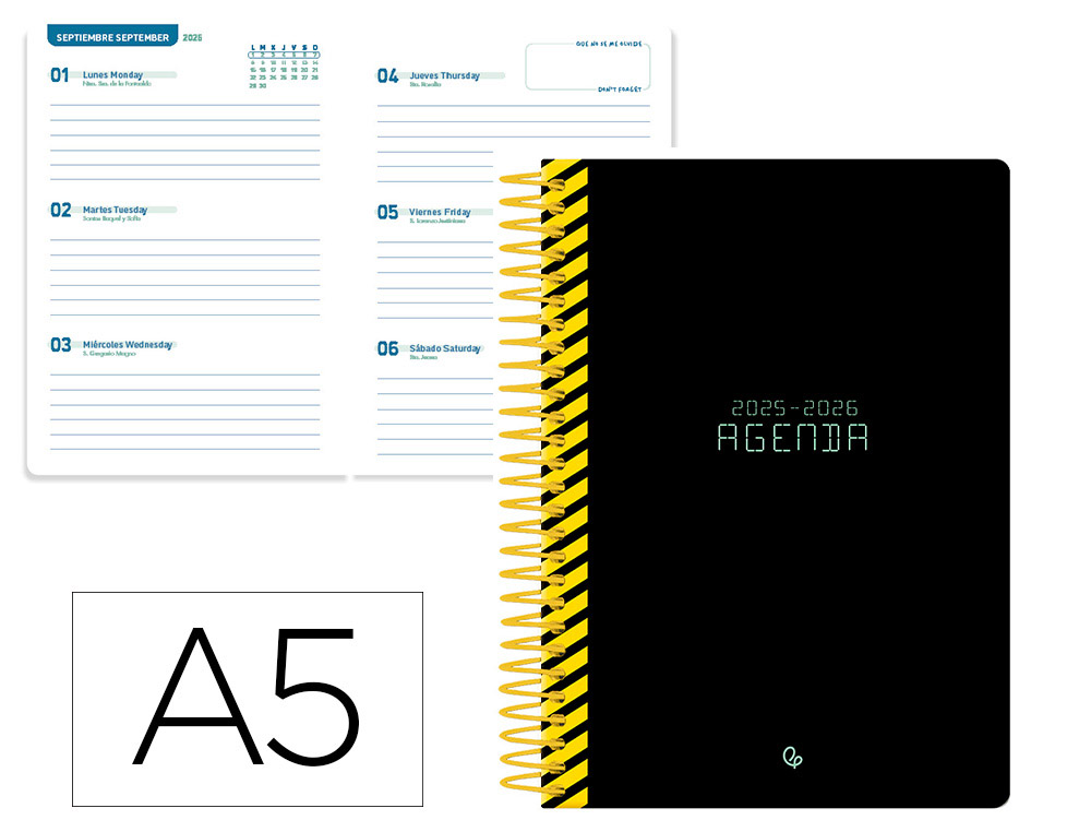 AGENDA ESCOLAR LIDERPAPEL 25-26 ESPIRAL CLASSIC NEGRO SEMANA VISTA A5 BILINGE PAPEL FSC 70 GR