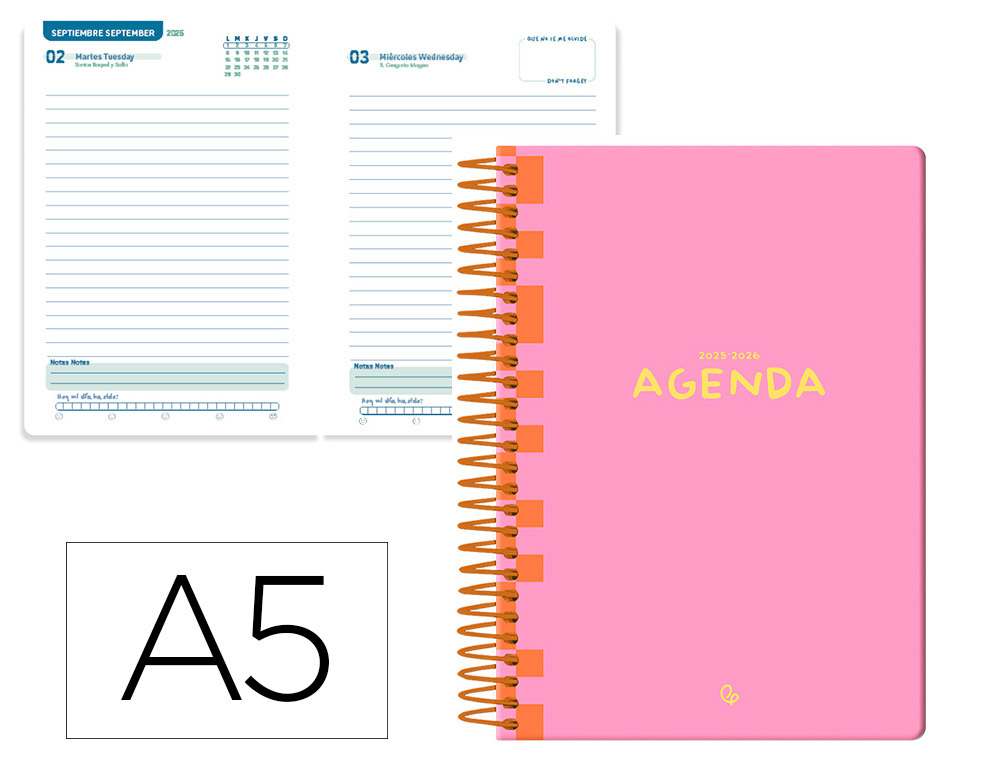 AGENDA ESCOLAR LIDERPAPEL 25-26 ESPIRAL CLASSIC ROSA DIAPAGINA A5 BILINGE PAPEL FSC 70 GR