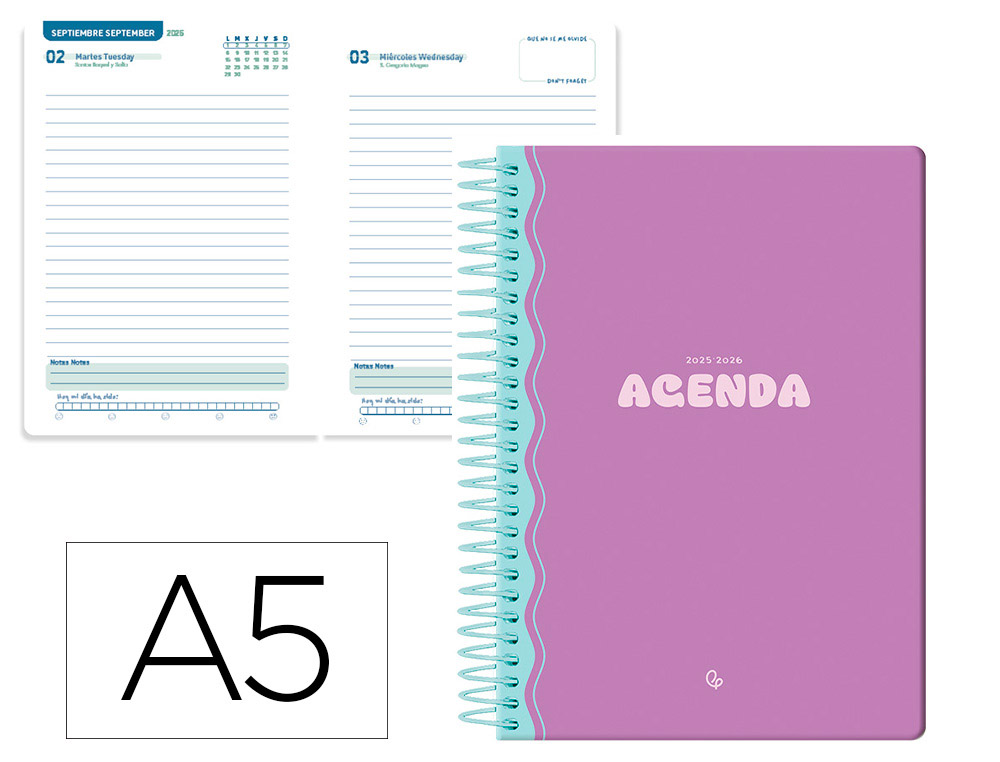AGENDA ESCOLAR LIDERPAPEL 25-26 ESPIRAL CLASSIC MORADO DIA PAGINA A5 BILINGE PAPEL FSC 70 GR