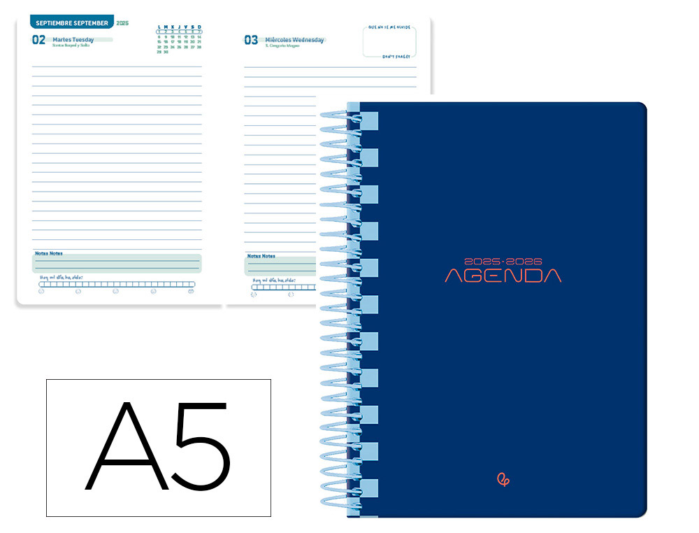 AGENDA ESCOLAR LIDERPAPEL 25-26 ESPIRAL CLASSIC AZUL OSCURO DIA PAGINA A5 BILINGE PAPEL FSC 70 GR