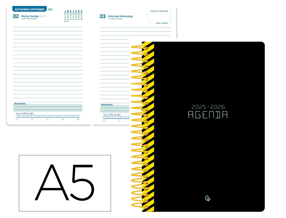 AGENDA ESCOLAR LIDERPAPEL 25-26 ESPIRAL CLASSIC NEGRO DIA PAGINA A5 BILINGE PAPEL FSC 70 GR