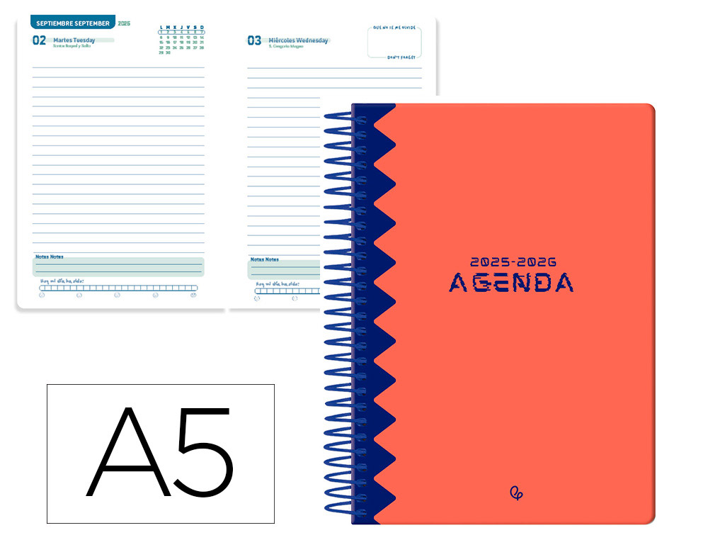 AGENDA ESCOLAR LIDERPAPEL 25-26 ESPIRAL CLASSIC ROJO DIA PAGINA A5 BILINGE PAPEL FSC 70 GR