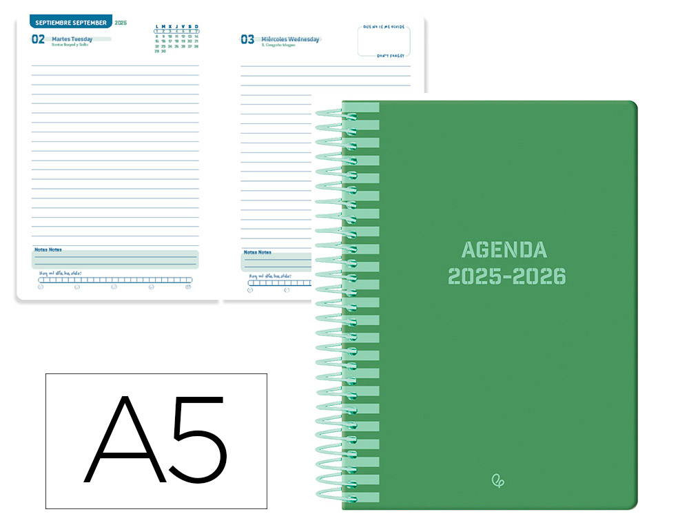 AGENDA ESCOLAR LIDERPAPEL 25-26 ESPIRAL CLASSIC VERDE DIA PAGINA A5 BILINGE PAPEL FSC 70 GR