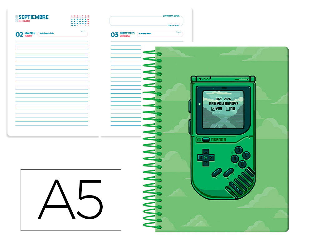 AGENDA ESCOLAR LIDERPAPEL 25-26 ESPIRAL GAME ON VERDE DIA PAGINA A5 BILINGE PAPEL FSC 80 GR