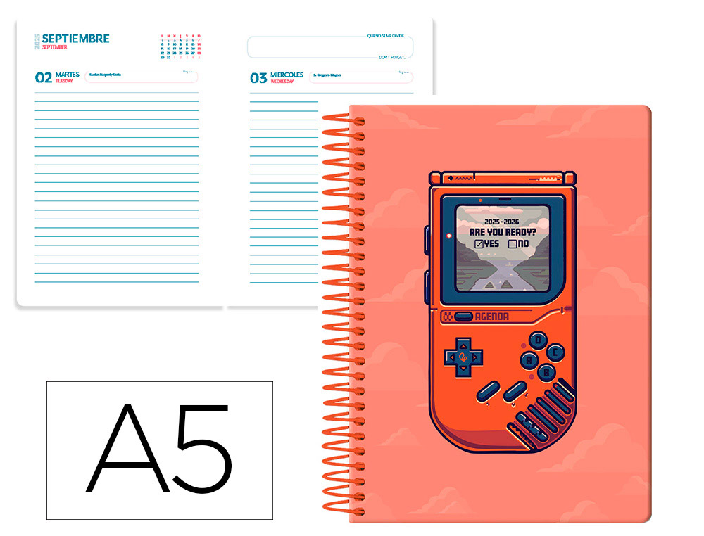 AGENDA ESCOLAR LIDERPAPEL 25-26 ESPIRAL GAME ON ROJO DIA PAGINA A5 BILINGE PAPEL FSC 80 GR