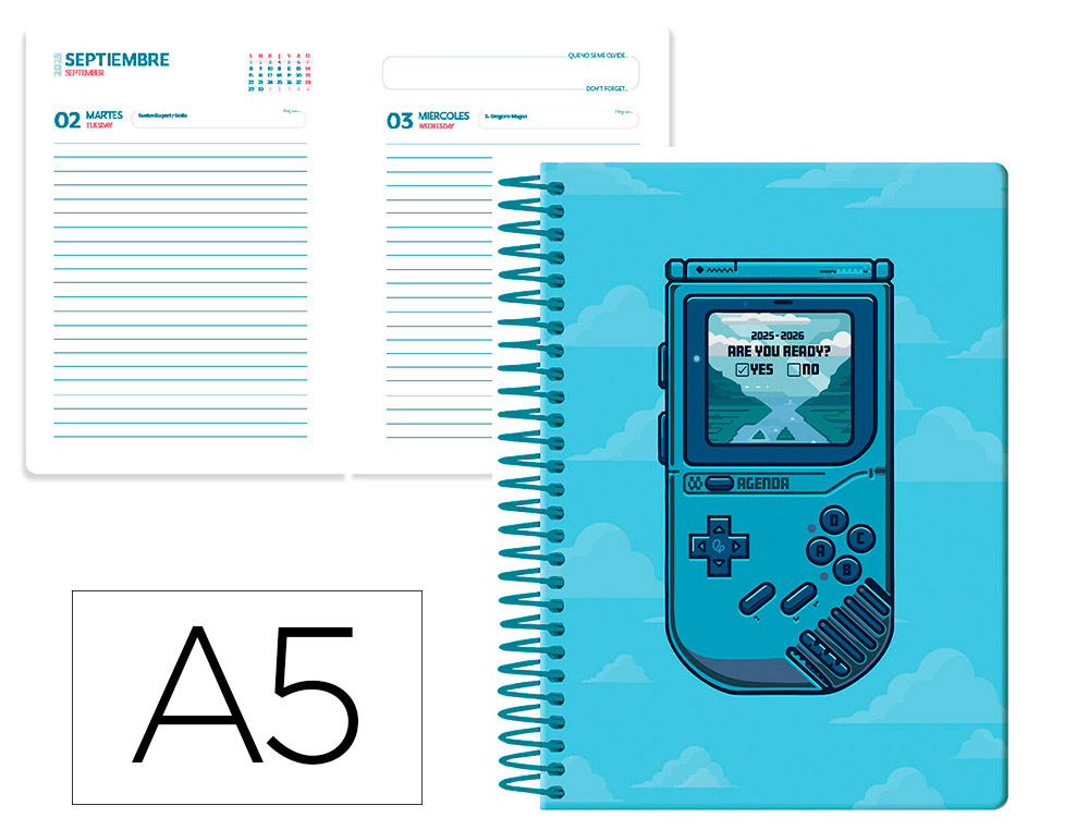 AGENDA ESCOLAR LIDERPAPEL 25-26 ESPIRAL GAME ON AZUL DIA PAGINA A5 BILINGE PAPEL FSC 80 GR