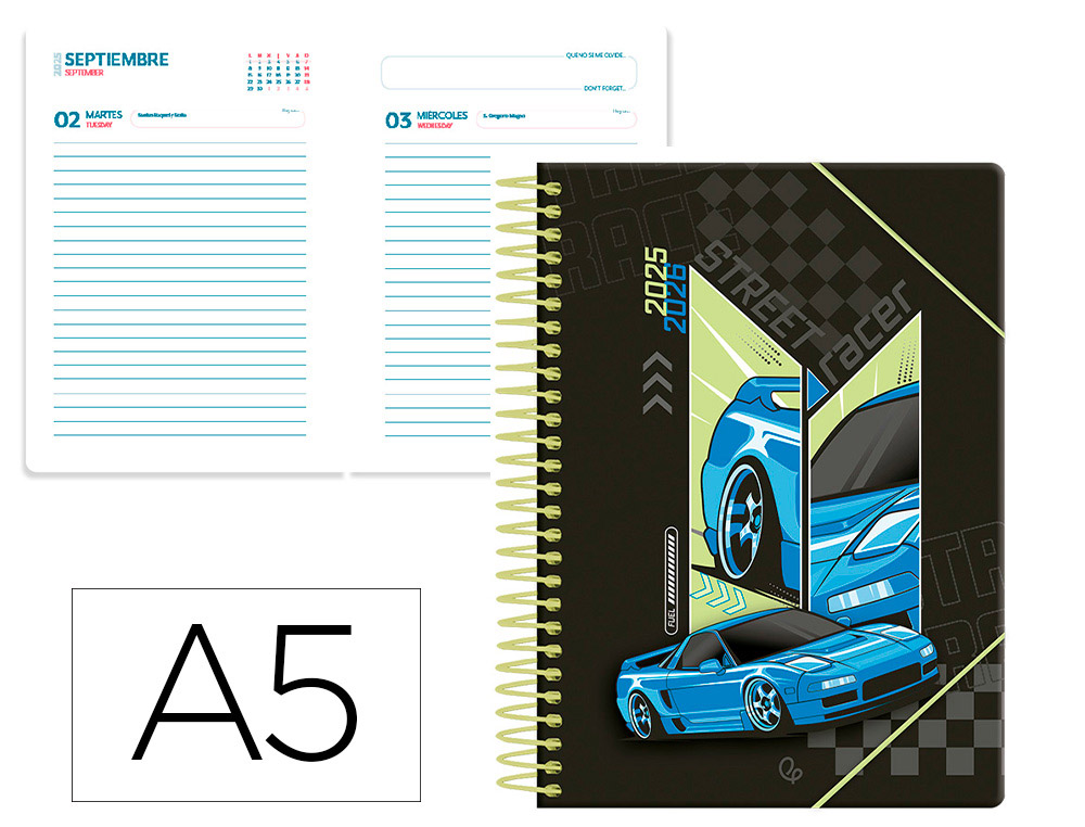 AGENDA ESCOLAR LIDERPAPEL 25-26 ESPIRAL CARS AZUL DIA PAGINA A5 BILINGE PAPEL FSC 80 GR