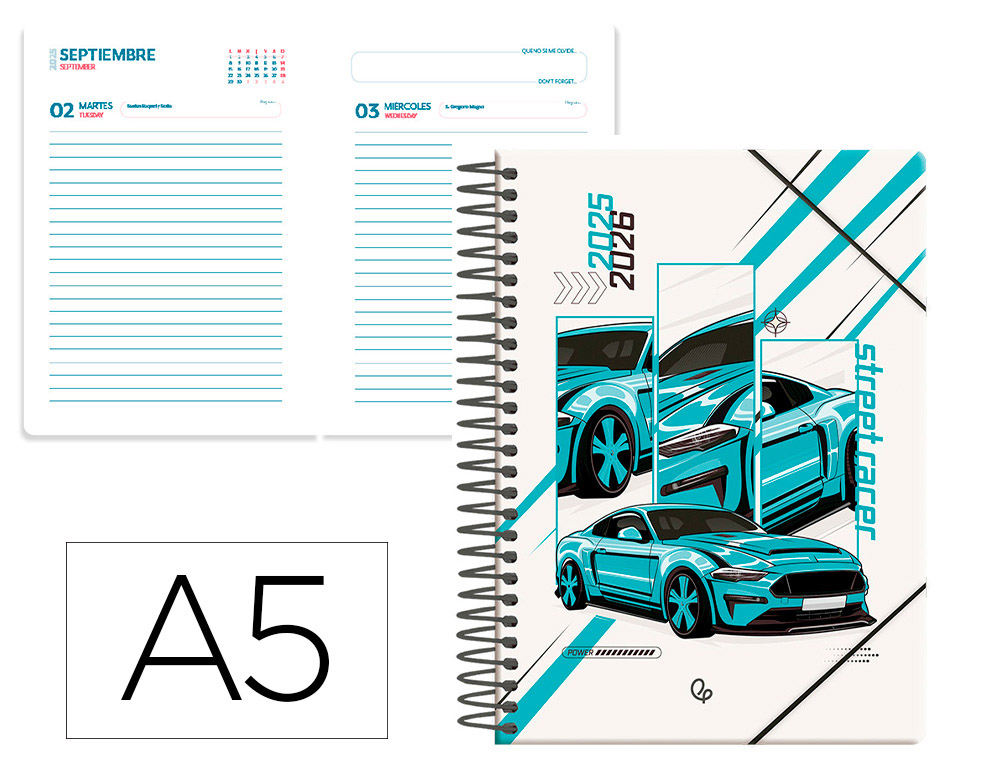AGENDA ESCOLAR LIDERPAPEL 25-26 ESPIRAL CARS TURQUESA DIA PAGINA A5 BILINGE PAPEL FSC 80 GR
