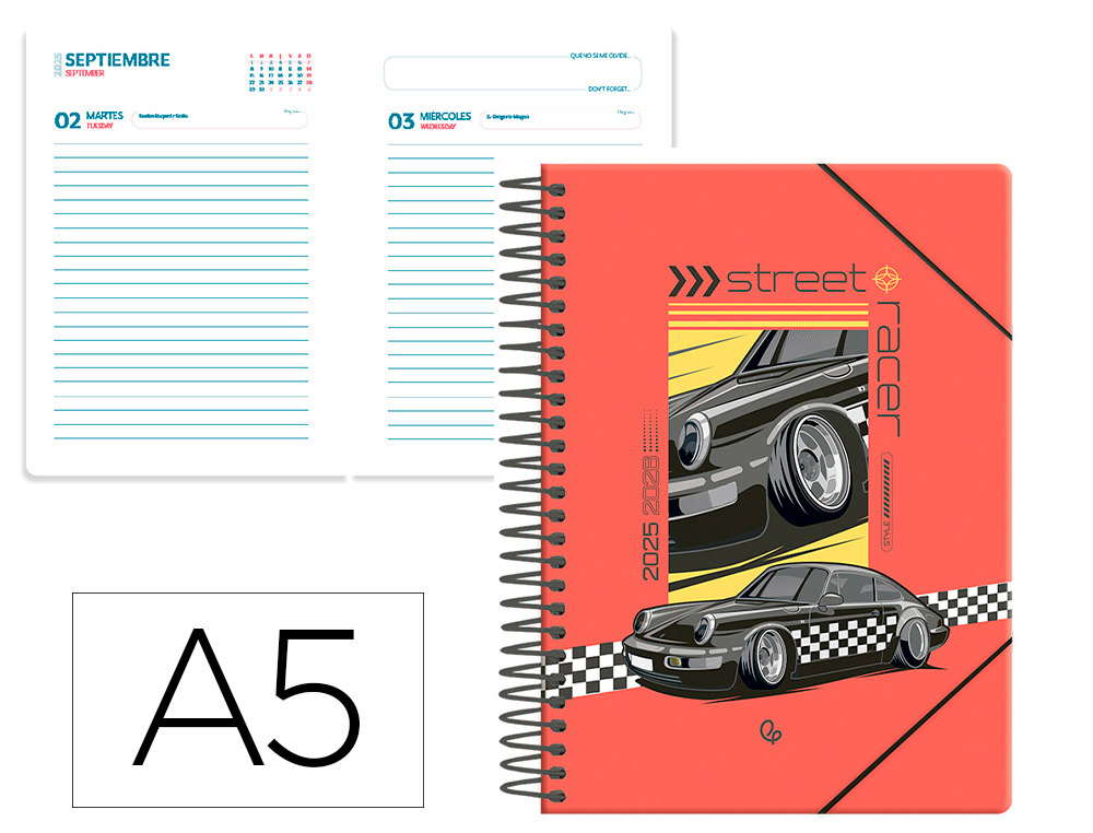 AGENDA ESCOLAR LIDERPAPEL 25-26 ESPIRAL CARS NEGRO DIA PAGINA A5 BILINGE PAPEL FSC 80 GR