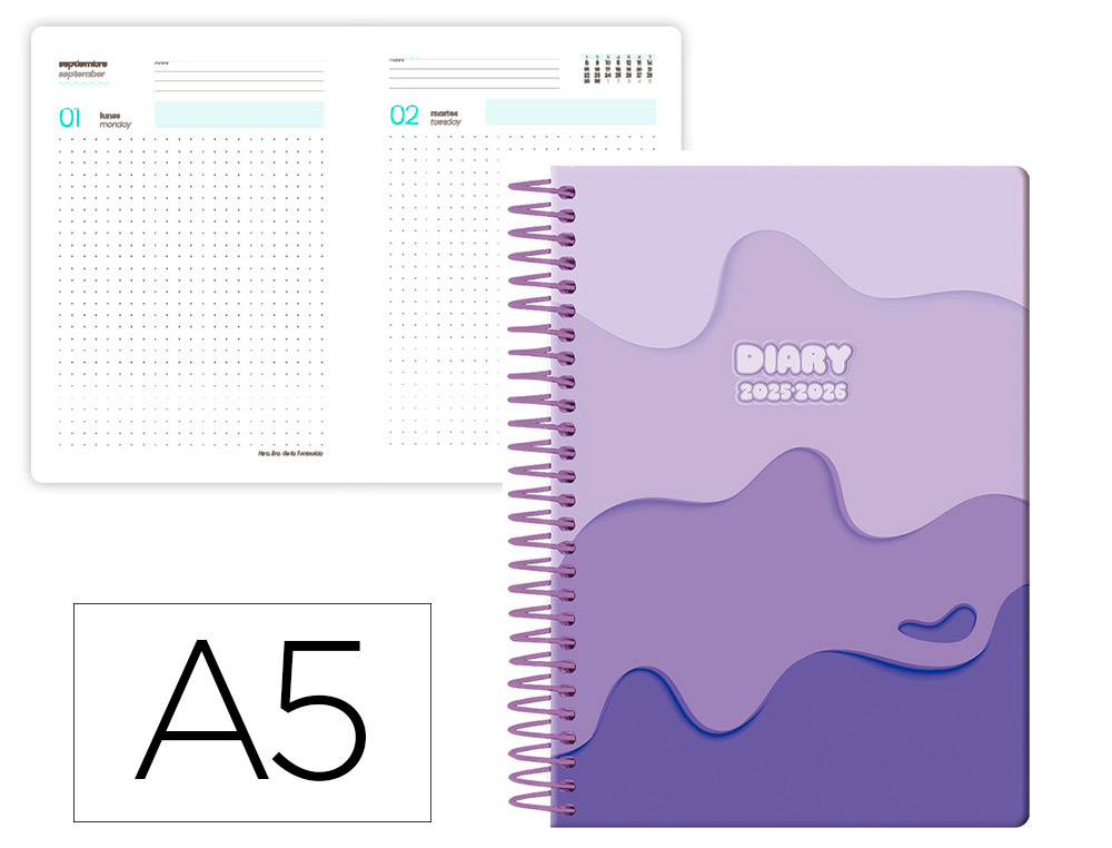AGENDA ESCOLAR LIDERPAPEL 25-26 ESPIRAL MELTING MORADO DIA PAGINA A5 BILINGE PAPEL FSC 80 GR