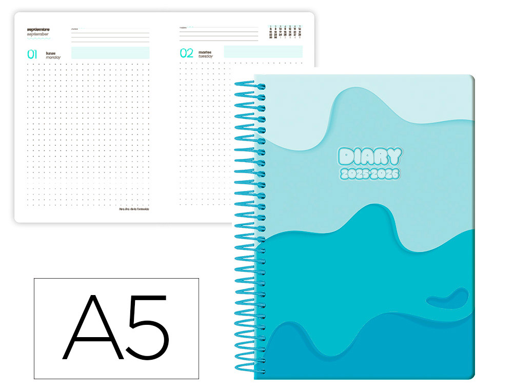 AGENDA ESCOLAR LIDERPAPEL 25-26 ESPIRAL MELTING AZUL DIA PAGINA A5 BILINGE PAPEL FSC 80 GR