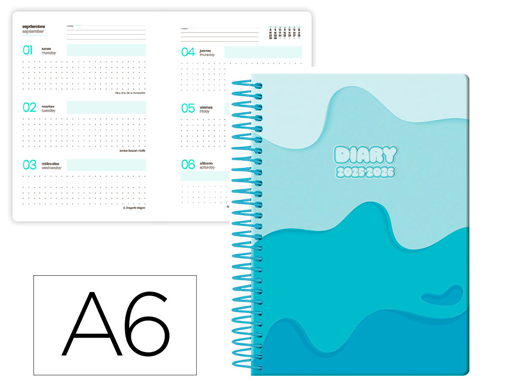 AGENDA ESCOLAR LIDERPAPEL 25-26 ESPIRAL MELTING AZUL SEMANA VISTA A6 BILINGE PAPEL FSC 80 GR