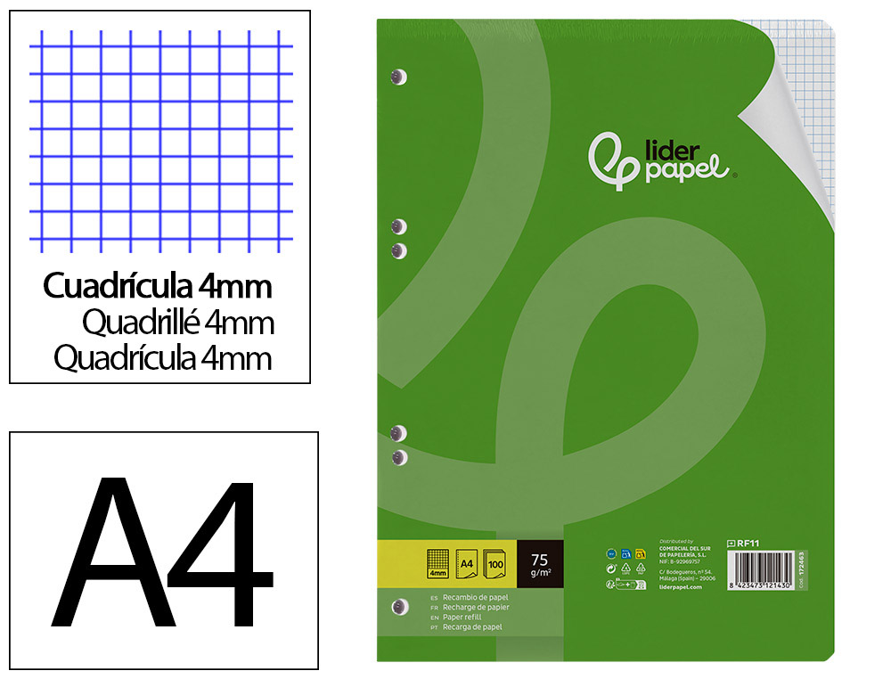 RECAMBIO LIDERPAPEL A4 100 HOJAS 75GR CUADRO 4MM CON MARGEN 16 TALADROS