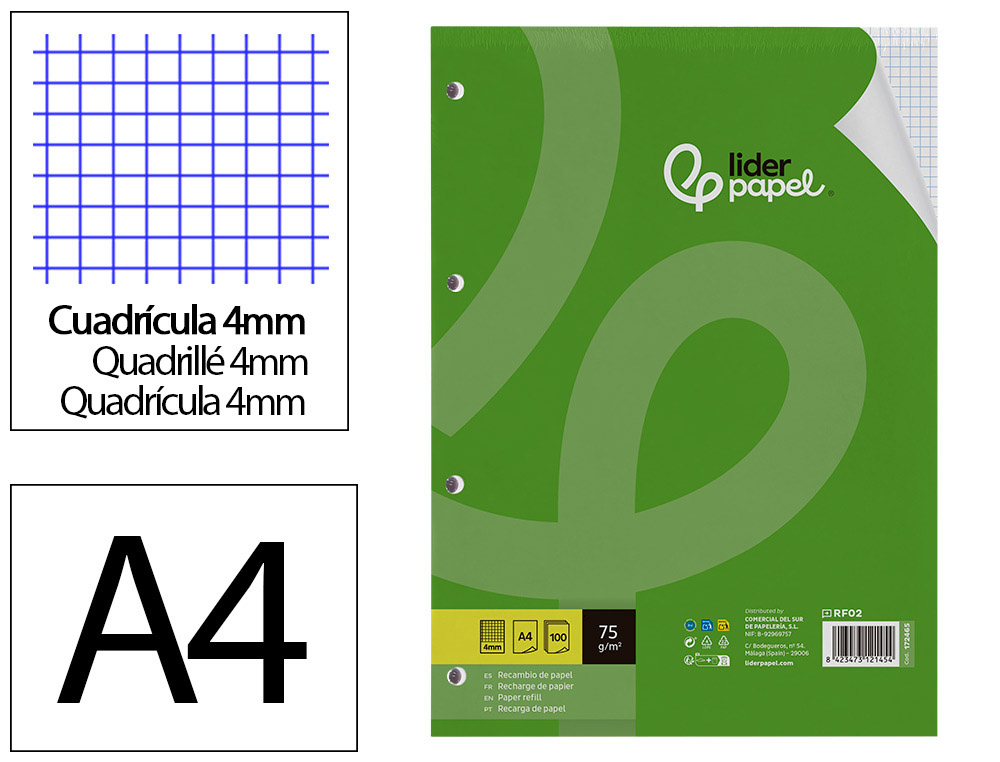 RECAMBIO LIDERPAPEL A4 100 HOJAS 75GR CUADRO 4MM CON MARGEN SIN TALADROS