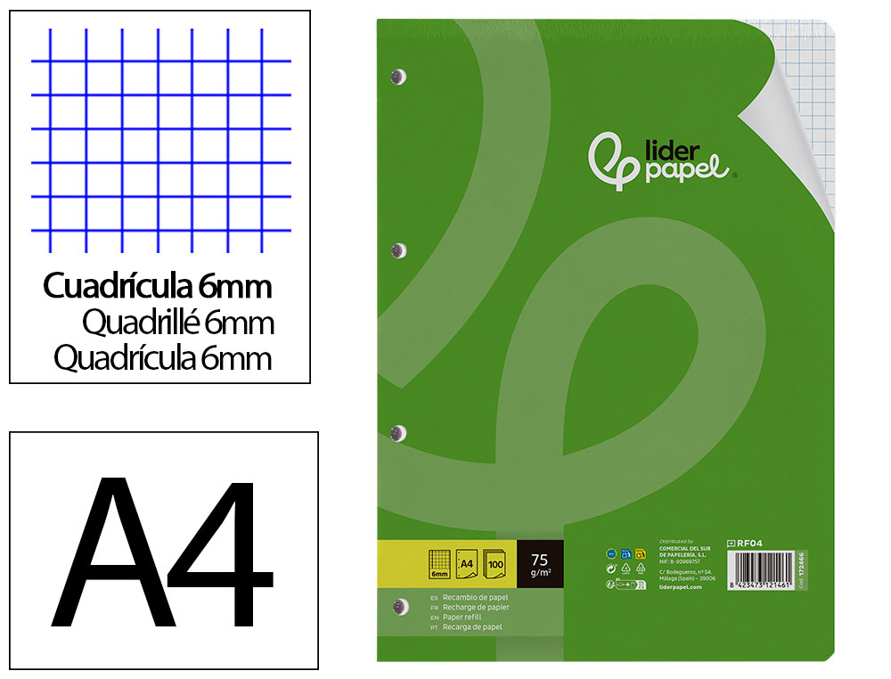 RECAMBIO LIDERPAPEL A4 100 HOJAS 75GR CUADRO 6MM 4 TALADROS CON MARGEN