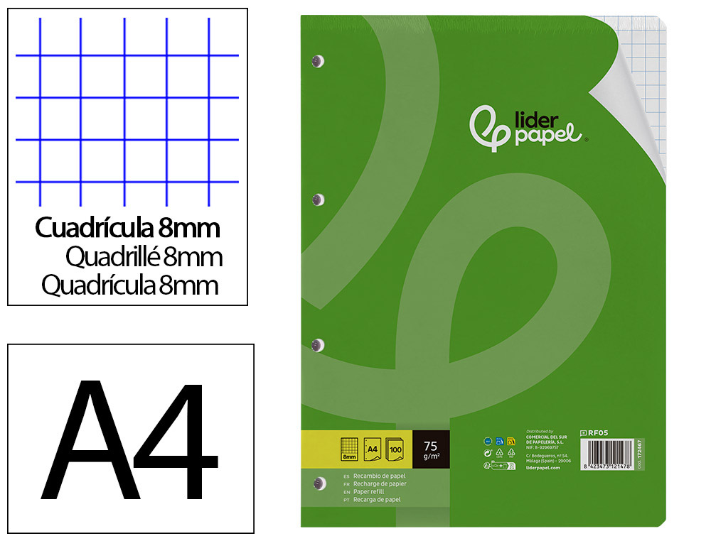 RECAMBIO LIDERPAPEL A4 100 HOJAS 75GR CUADRO 8MM CON MARGEN 4 TALADROS
