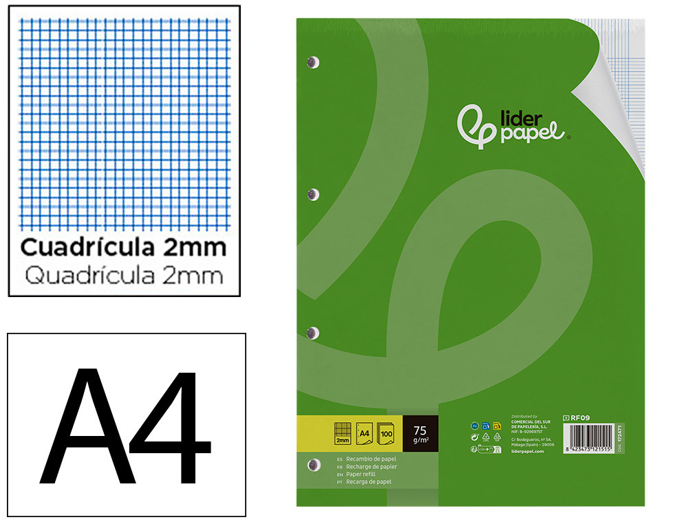 RECAMBIO LIDERPAPEL A4 100 HOJAS 75GR MILIMETRADO SIN MARGEN 4 TALADROS