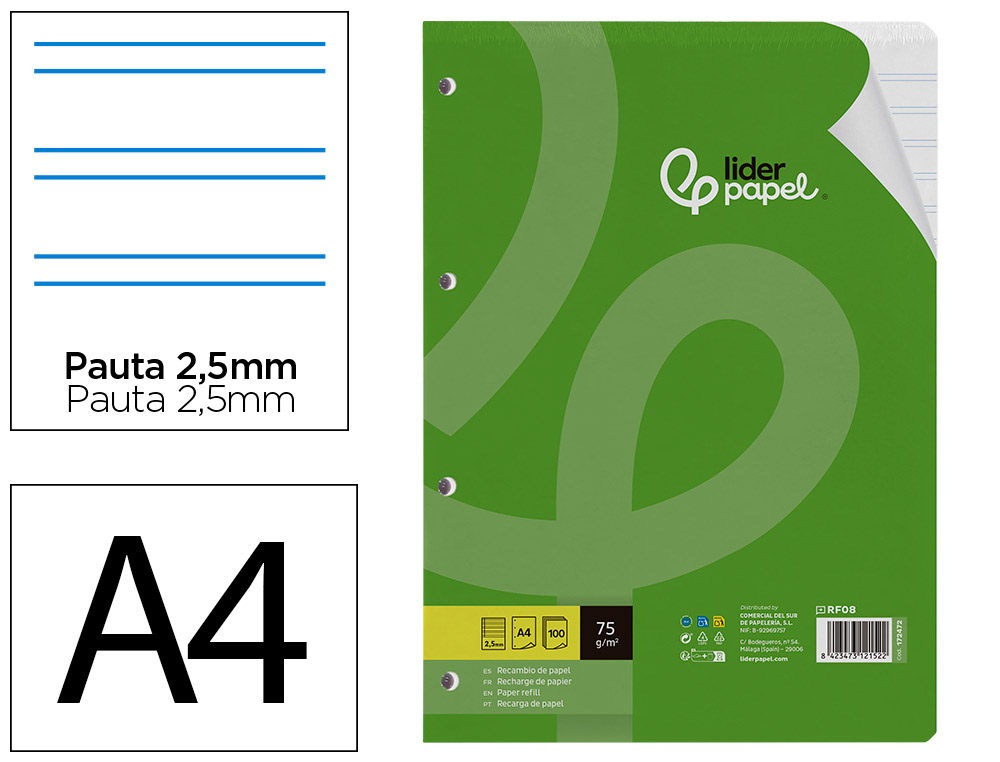 RECAMBIO LIDERPAPEL A4 100 HOJAS 75GR PAUTA 5 2.5MM CON MARGEN 4 TALADROS