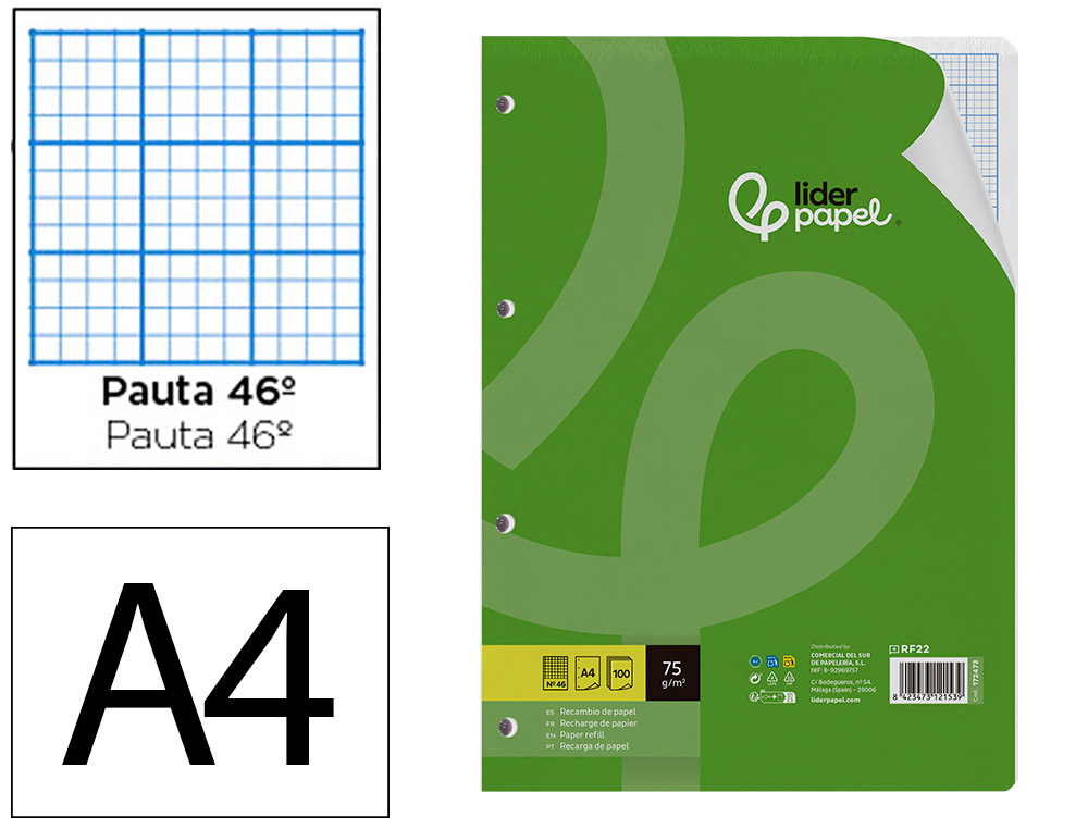 RECAMBIO LIDERPAPEL A4 100 HOJAS 75GR RAYADO N46 4 TALADROS