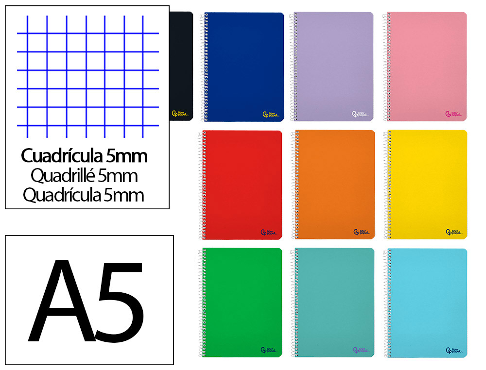 CUADERNO ESPIRAL LIDERPAPEL A5 MICRO SMART TAPA BLANDA 80H 75GR CUADRO 5MM DOBLE MARGEN 6 TALADROS COLORES