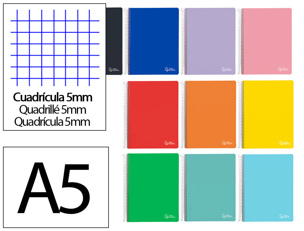 CUADERNO ESPIRAL LIDERPAPEL A5 MICRO WITTY TAPA DURA 120H 90GR CUADRO 5MM 5 BANDAS 6 TALADROS COLORES SURTIDOS