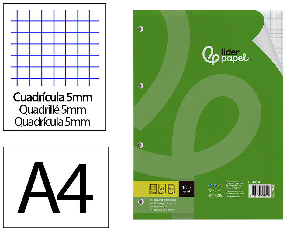 RECAMBIO LIDERPAPEL A4 100 HOJAS 100GR CUADRO 5MM CON MARGEN 4 TALADROS