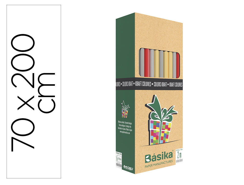 PAPEL DE REGALO BASIKA KRAFT COLORES ROLLO ANCHO 70 CM LONGITUD 2 MT COLORES SURTIDOS GRAMAJE 50 GR