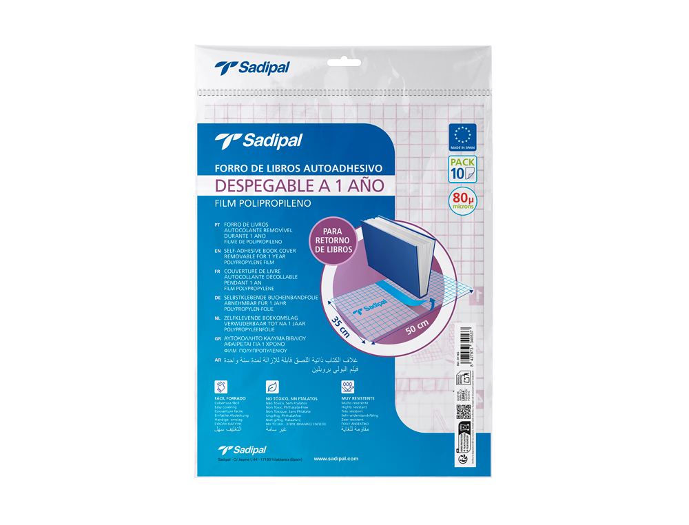 FORRALIBRO ADHESIVO PARA LIBROS SADIPAL DESPLEGABLE 1 AO 80 MC 50X35 CM PACK DE 10 UNIDADES
