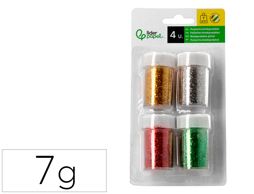 PURPURINA LIDERPAPEL BIODEGRADABLE FANTASIA BOTE DE 7 GR COLORES METALICOS SURTIDOS BLISTER DE 4