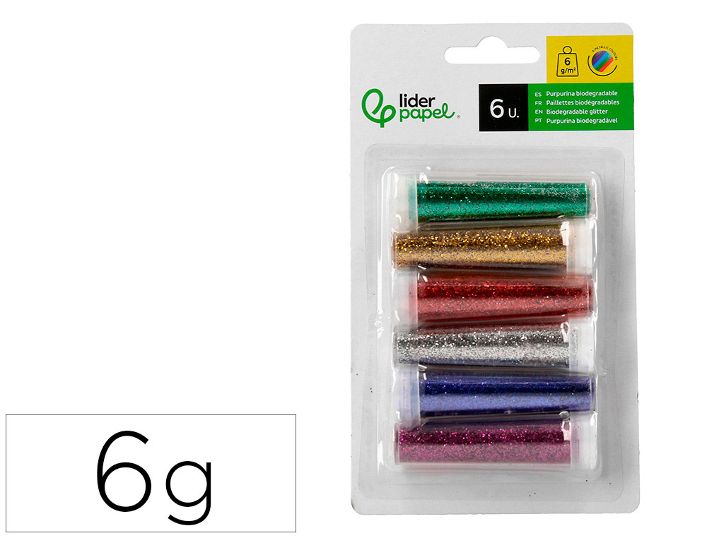 PURPURINA LIDERPAPEL BIODEGRADABLE FANTASIA BOTE DE 6 GR COLORES METALICOS SURTIDOS BLISTER DE 6