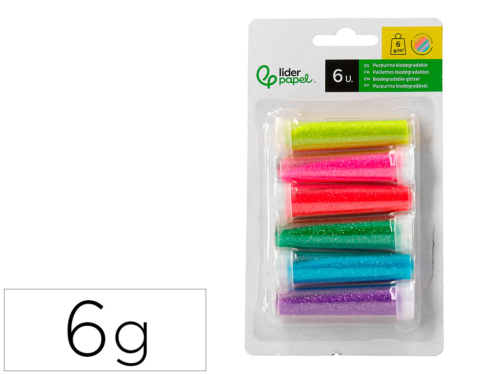 PURPURINA LIDERPAPEL BIODEGRADABLE FANTASIA BOTE DE 6 GR COLORES METALICOS PASTELES SURT BLISTER DE 6 UND