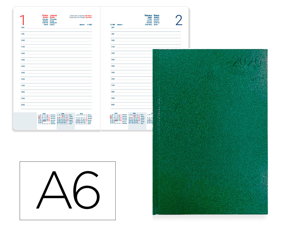 AGENDA ENCUADERNADA LIDERPAPEL CORFU A6 2026 DIA PAGINA VERDE PAPEL 60 GR