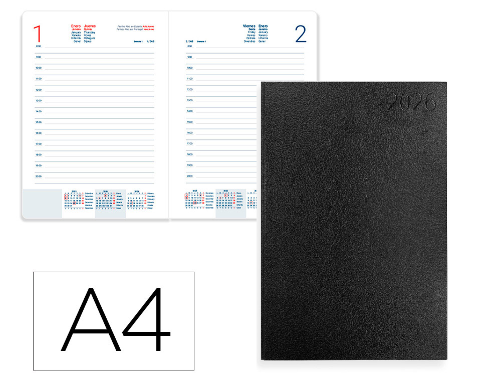 AGENDA ENCUADERNADA LIDERPAPEL CORFU A4 2026 DIA PAGINA NEGRO PAPEL 60 GR