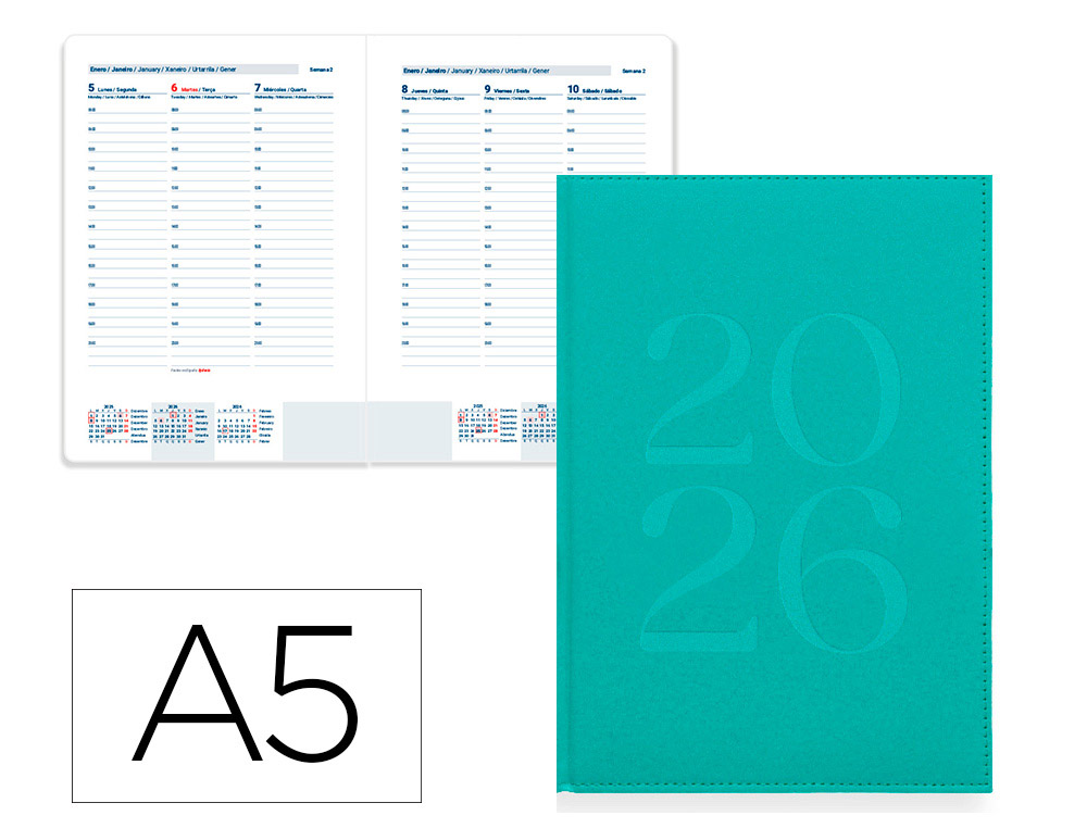 AGENDA ENCUADERNADA LIDERPAPEL CRETA 150X210 MM 2026 SEMANA VISTA TURQUOISE PAPEL 70 GR